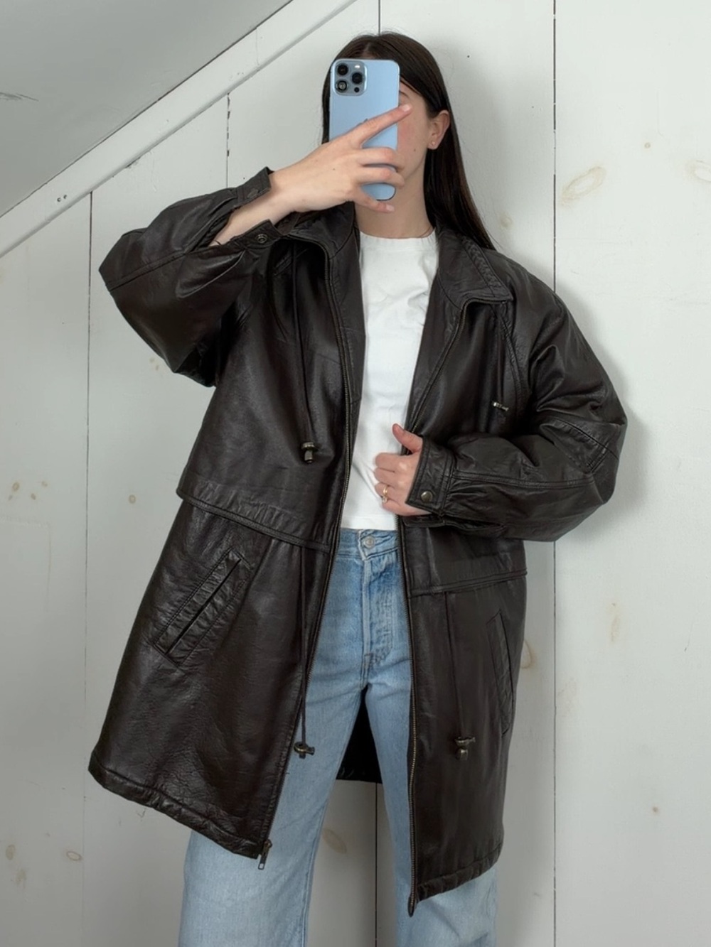 VTG Brown Leather Mid Length Parka Jacket Women’s M Funnel Neck Drawstring Waist